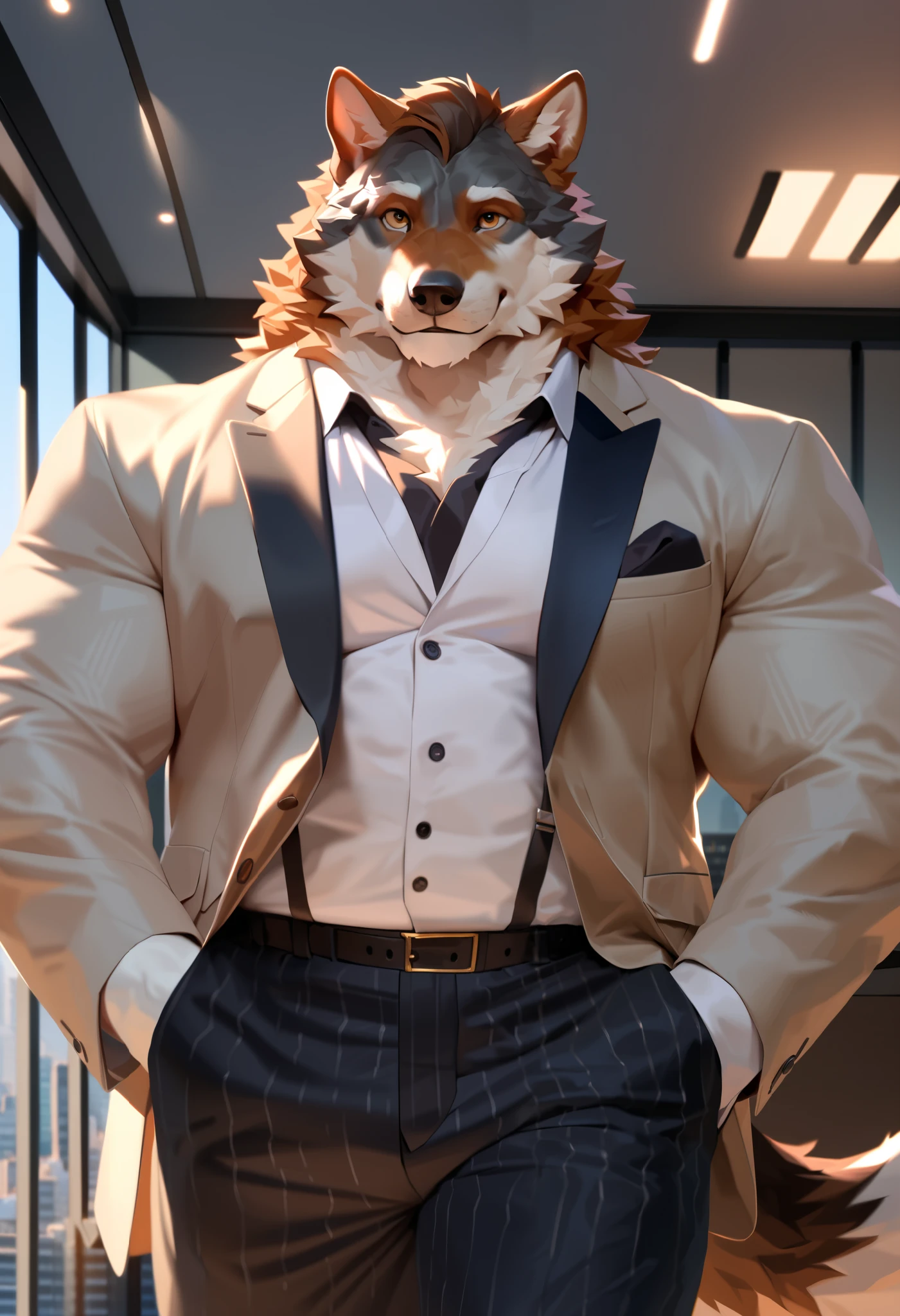 solo, 1boy, Muscular Old man, furry wolf, wearing suits, luxury, office, wide shoulder, pectoral, thick arms, huge pectoral, wide pectoral, city background, short hair, simple background, masterpiece, semirealistic:1.2, high detailed, 8k, high resolution, happy