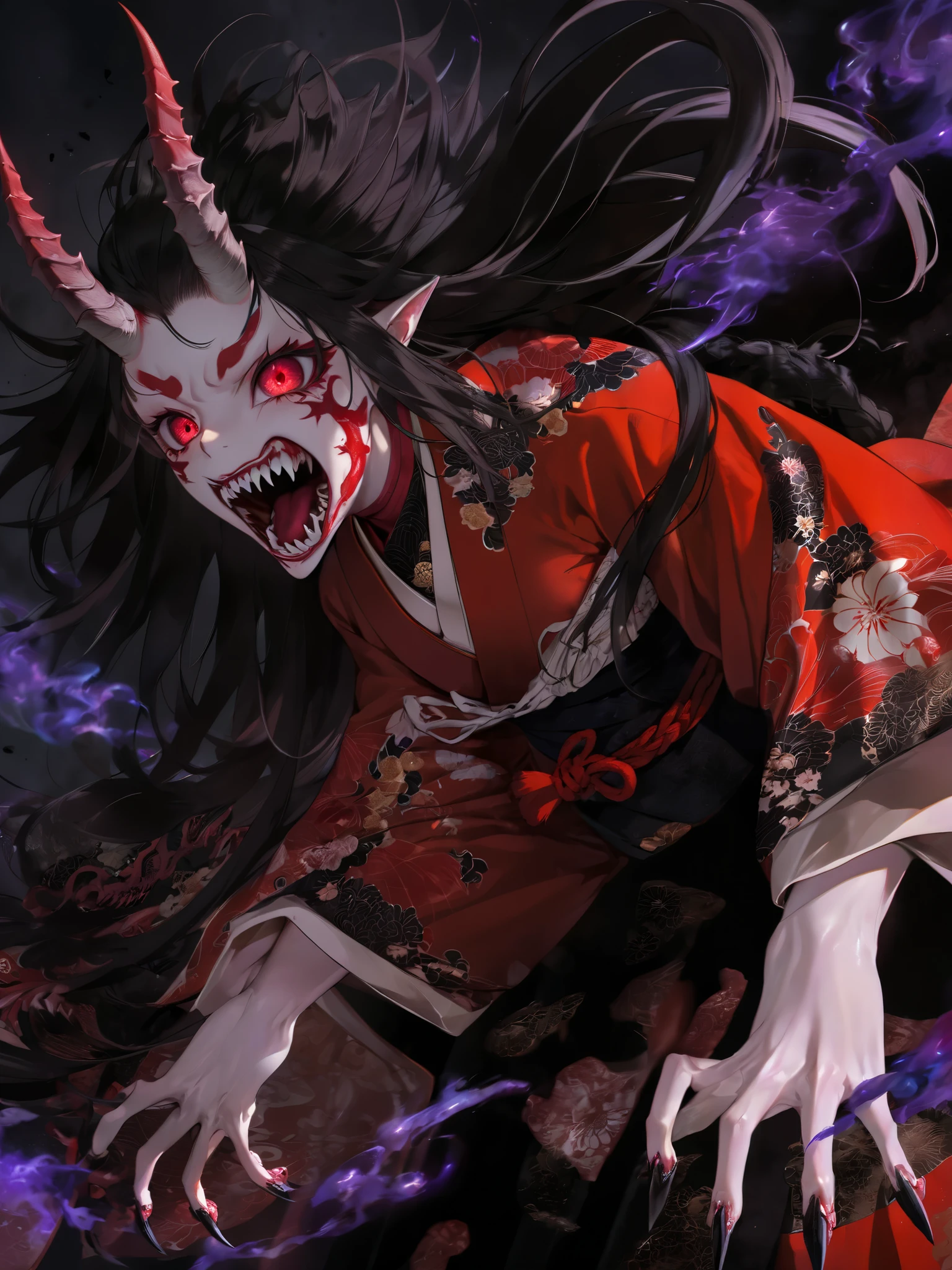 ultra-detailed concept art of a female demon in kimono, solo, japanese clothes, black long hair, messy hair, glowing red eyes, oni horns, yokai, [monster], fury, expressive face, open mouth, fangs, gums, salivation, claws, horror style, Intense, visceral horror aesthetic with distorted, mutated forms, organic texture, cinematic lighting, dark aura, purple-burning souls, dynamic angle, dynamic pose, dark background, masterpiece, best quality, very aesthetic art, amazing quality, absurdres, [path tracing], perfect anatomy, dutch angle, (depth of field), chromatic aberration, light particles, asian fantasy