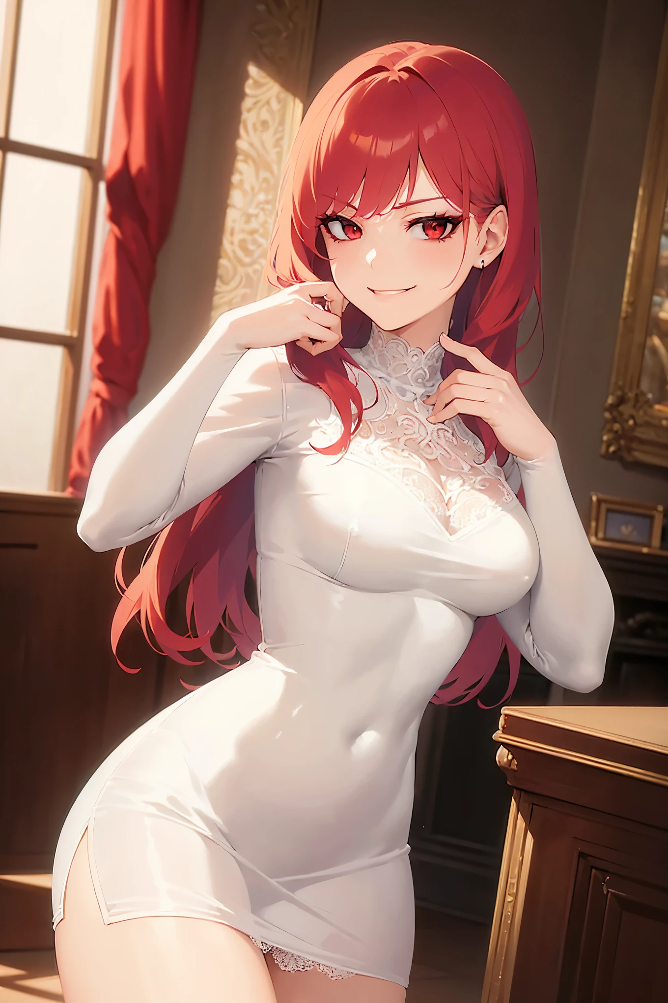 side angle, masterpiece, best quality, detailed, Masterpiece, Great detailed pictures upper body, hand on own face, (pale skin: 1.2), shiny skin, shiny hair, (25-year-old woman) and (medium hair) and (red hair) and (red eyes), (white) and (long sleeve lace fabric dress), (smirk:1.3), inside Luxury party venue, alone, standing.
