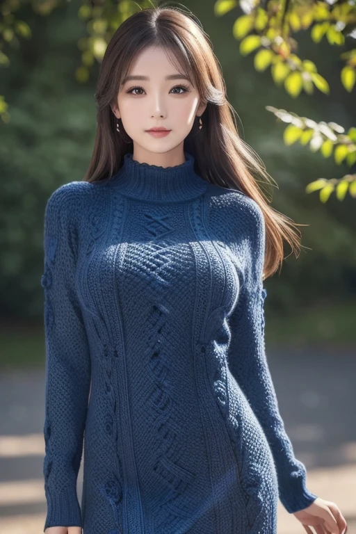 masutepiece, Best Quality, Ultra-detailed, finely detail, hight resolution, 8K picture quality, Perfect dynamic composition, Beautiful detailed eyes,  Natural Lip, Dark blue knitted dress ,