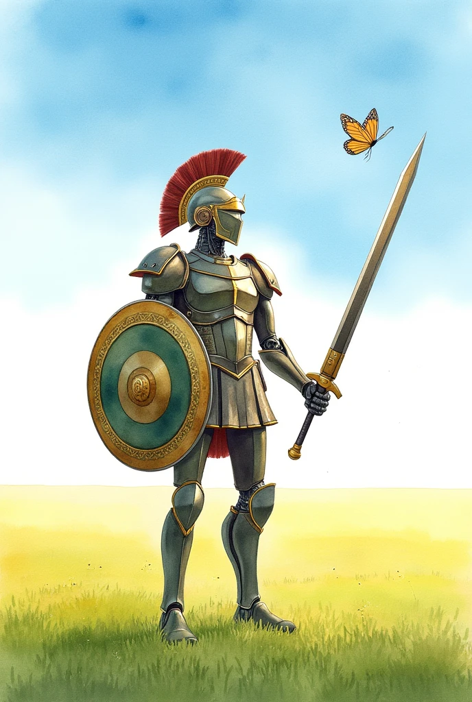 Watercolor painting, A robot gladiator staring at a flying butterfly, (Armor: Metallic and robust, with shoulder guards, chest plate, and leg armor that resemble ancient Roman gladiator gear. Helmet: A distinctive helmet with a visor or plume, akin to those worn by traditional gladiators. Weapons: A large long sward in one hand, and a shield in the other, both with intricate designs.) In the warm spring sunshine, in the middle of a wide field