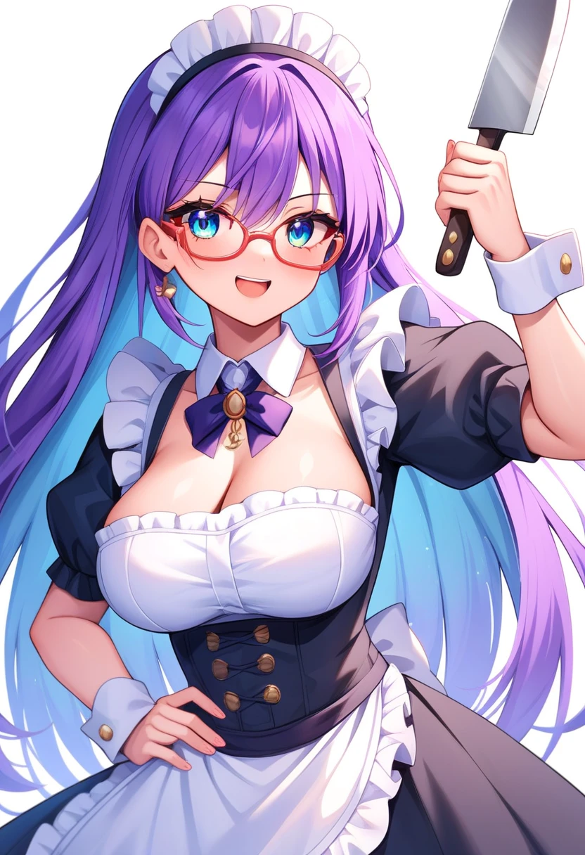 (masterpiece, highly detailed, cinematic lighting, vibrant colors) A confident and playful woman with long purple hair styled with soft curls, transitioning to a subtle pink gradient towards the tips. She is wearing a classic black-and-white maid outfit, complete with a white frilled headpiece, paired with bold red-rimmed glasses that exude personality and charm. She is standing tall with one hand on her hip and the other holding a gleaming kitchen knife, tilted slightly to catch the light. Her mischievous smile and arched eyebrow give off a strong "big sister" energy, playful yet commanding respect. Her overall demeanor suggests a lively and spirited personality, with a mix of elegance, confidence, and a hint of intimidation, like someone you’d trust to take charge but wouldn’t dare to cross. The background is a cozy yet slightly chaotic kitchen, with subtle warm lighting and cooking utensils scattered around, adding to her dynamic and approachable aura. dutch angle portrait.