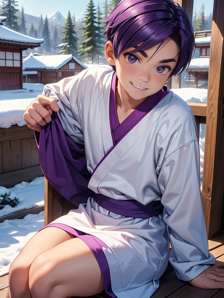 Nendoroid-style 3D SD character. Boy. Purple hair. Straight bobbed hair with little bounce. He has purple eyes with a glazed look. Thin, arched eyebrows. Eyebrows are lowered. Red cheeks. He is smiling with a sleepy look on his face. He is sitting on the porch of a Japanese-style room, watching the snow piling up in the garden.