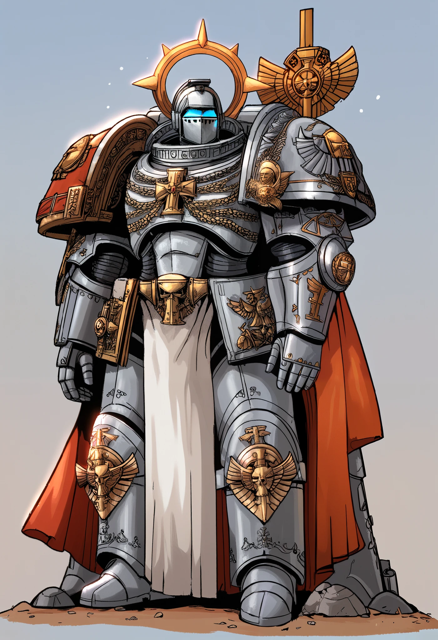 Anime, Concept art, Absurd resolution, high resolution, (masterpiece: 1.4), hyper-detail, warhammer 40k terminator armor, Juggernaut armor, heavy armor, knight, crusader,  full body, glowing weapon, cloak, silver armor, edgy, grimdark, octosoup, 1man, bulky, buff, red plume, loin cloth, crusade helmet, reference sheet, iron halo, grey knight, space marine, GreyK40k,