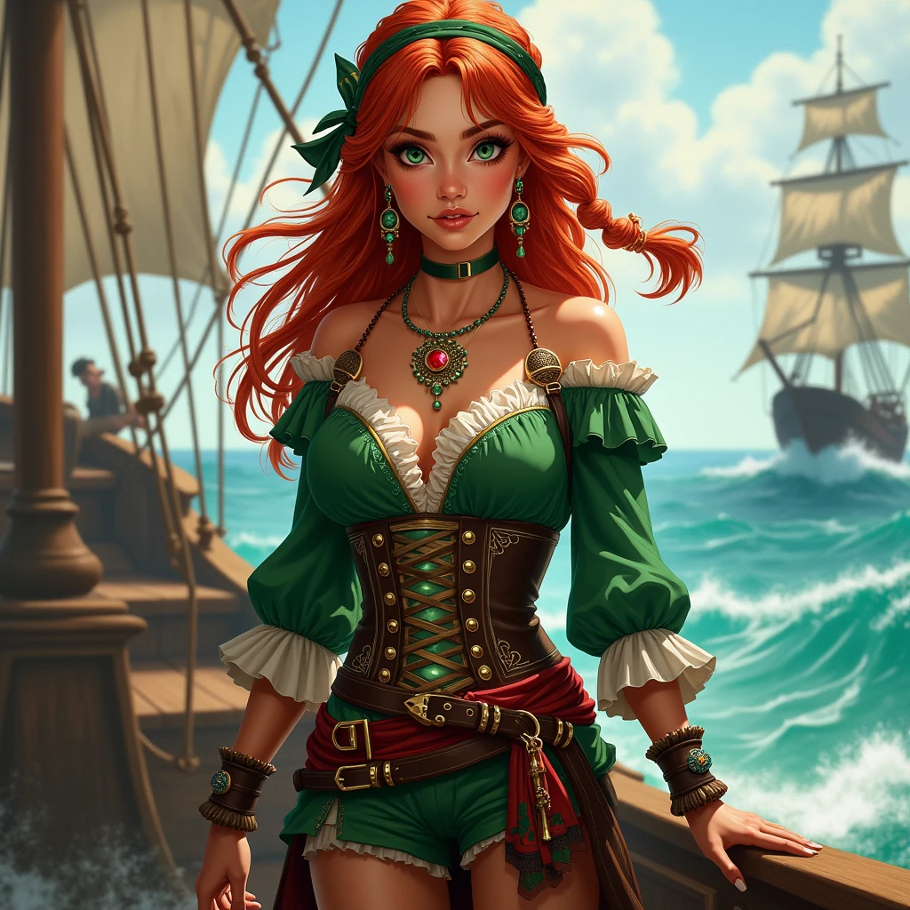 a woman, long red hair, curly hair, scabies on the face green eyes, sexy dress, on a pirate ship, Boa Hancock, best quality, masterpiece.