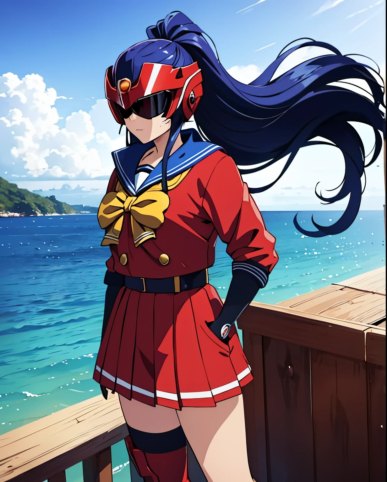 ALL WOMEN'S SAILOR SUIT RANGER , , she's a Power Ranger in a red sailor suit, red skirt 、 full body , Helmet Mask, Full helmet 、 long hair, high detail , realistic, gloves, ultra realistic, ((Full helmet )), BLACK SHIELD SUNGLASSES , smart black sunglasses ,Her hair is blue 。 ponytail、Red Ranger、 Watch Viewers 、 front、whole body、 is standing