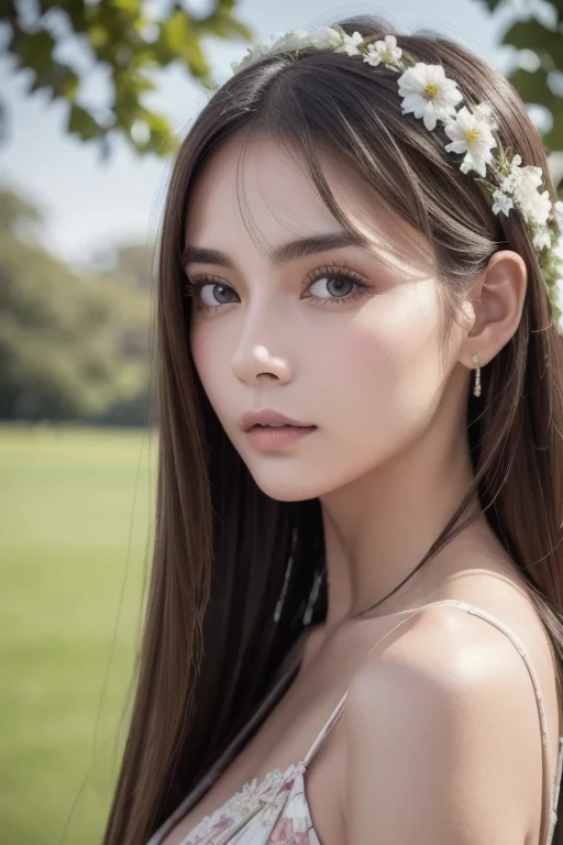 brownies, sky,moon, (Close-up of the painting style，Ultra HD 8K，Masterpiece grade CG wallpaper)，Cinematic lighting，cute girly，Delicate and beautiful face，Dreamy pupils，Wearing a small floral short summerdress,round waist,hijabi,Bust poem,Sit，Cloudy background,the trees,florals,夏天,Chinese style buildings, cleavage, magical