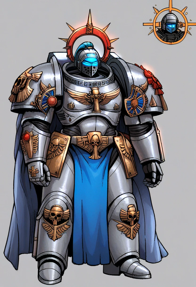 Anime, Concept art, Absurd resolution, high resolution, (masterpiece: 1.4), hyper-detail, warhammer 40k terminator armor, Juggernaut armor, heavy armor, knight, crusader,  full body, glowing weapon, cloak, silver armor, edgy, grimdark, octosoup, 1man, bulky, buff, red plume, loin cloth, primaris helmet, reference sheet, iron halo, grey knight, space marine, GreyK40k,