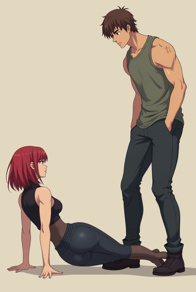 uma mulher ruiva, um homem jovem ruivo, correndo sem camisa