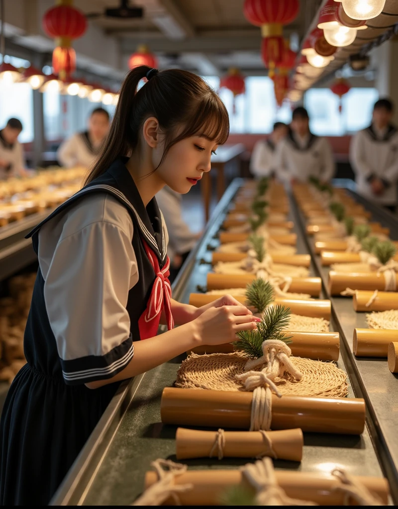 ultra-realistic, photorealistic, dramatic scene, shadow, global-illumination, solo, very beautiful Japanese woman, she is high  student, she works part-time at the factory, very beautiful with very cute but boyish cool face, wearing high school sailor uniform, she is working at the Kadomatsu factory, She is decorating a Kadomatsu that is being carried on a conveyor belt, Many identical Kadomatsu are being carried on a conveyor belt in an orderly fashion, Kadomatsu\(Japanese-style ornamental plant arrangements, Three thick bamboos cut at an angle standing in the center, surrounded by pine branches and secured with a straw mat\), the factory is gorgeously decorated with bamboo and festive new year's celebration, shoot from side