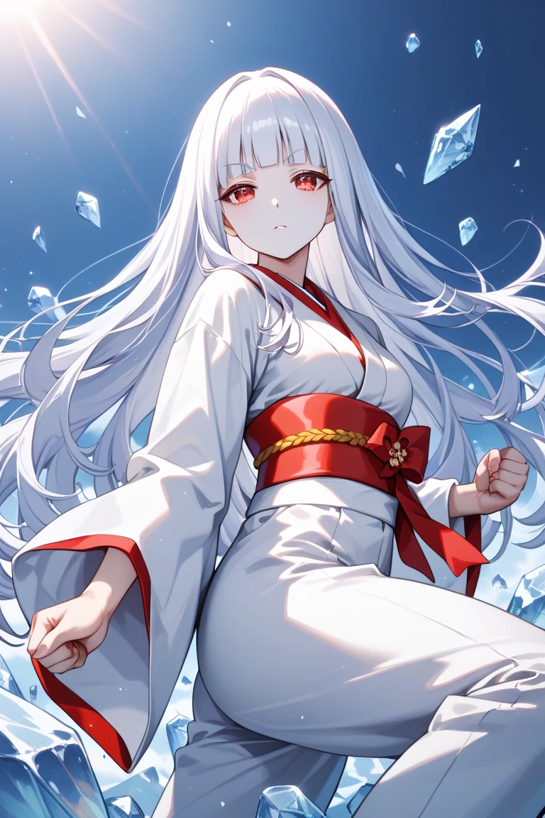 masterpiece,best quality,simple,minimalism,hime cut,beautiful mysterious japanese girl,(((straight white long hair))),troubled and groomed eyebrows,red eyes,slanted eyes,half opened eyes,white skin,white kimono red obi,ice and snowstorm background,(((fighting pose))),posing like a beast,