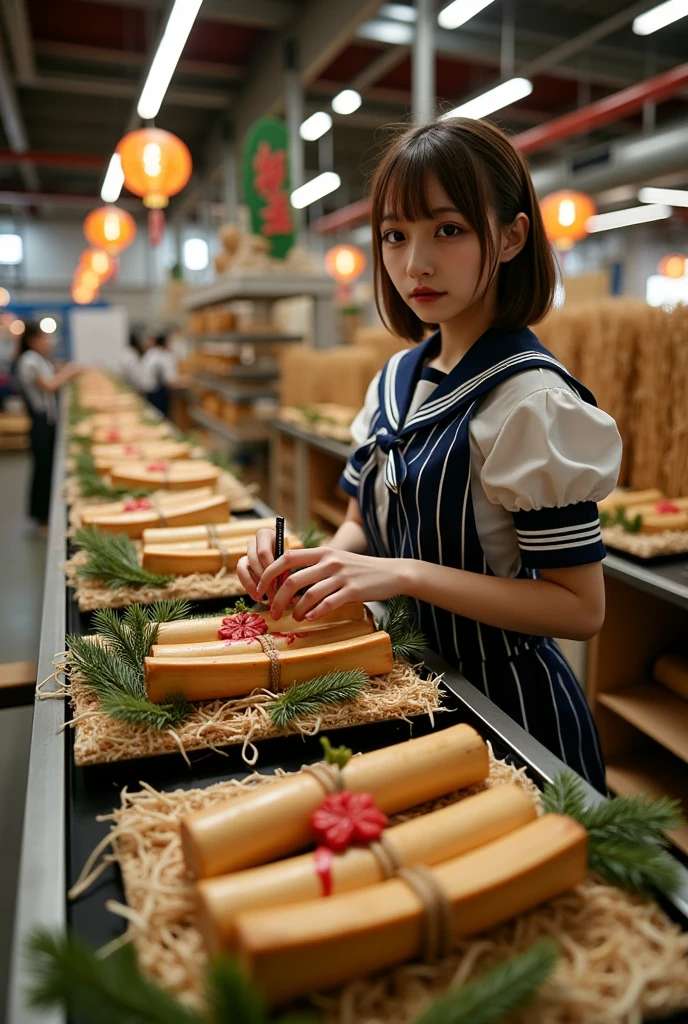 ultra-realistic, photorealistic, dramatic scene, shadow, global-illumination, solo, very beautiful Japanese woman, she is high ****** student, she works part-time at the factory, very beautiful with very cute but boyish cool face, wearing high school sailor uniform, she is working at the Kadomatsu factory, She is decorating a Kadomatsu that is being carried on a conveyor belt, Many identical Kadomatsu are being carried on a conveyor belt in an orderly fashion, Kadomatsu\(Japanese-style ornamental plant arrangements, Three thick bamboos cut at an angle standing in the center, surrounded by pine branches and secured with a straw mat\), the factory is gorgeously decorated with bamboo and festive new year's celebration, shoot from side