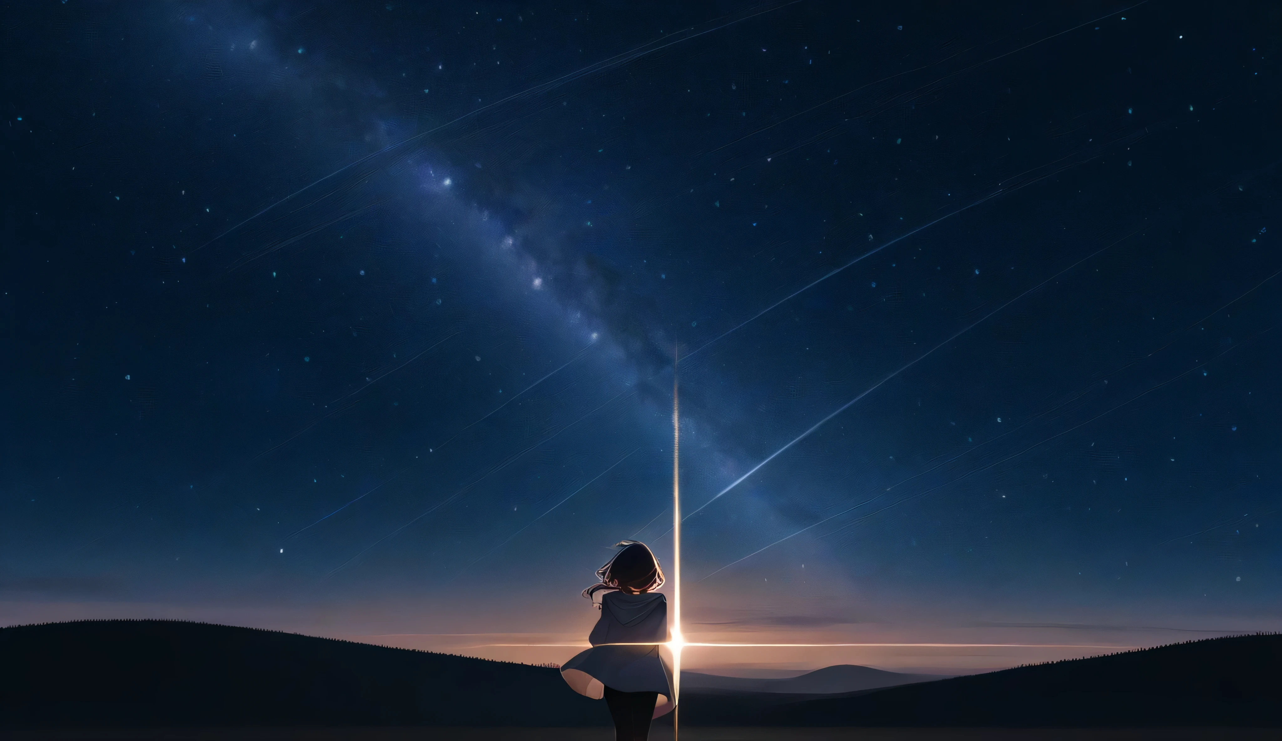 Japan、Girl、Rock singer、solo、View the horizon from a hill、 back view、A ray of light in the distance、 starry sky 、 super detailed