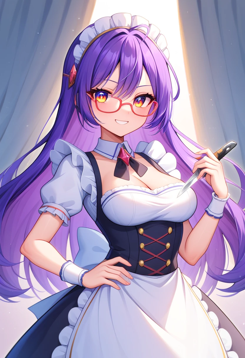 (masterpiece, highly detailed, cinematic lighting, vibrant colors) A confident and playful woman with long purple hair styled with soft curls, transitioning to a subtle pink gradient towards the tips. She is wearing a classic black-and-white maid outfit, complete with a white frilled headpiece, paired with bold red-rimmed glasses that exude personality and charm. She is standing tall with one hand on her hip and the other holding a gleaming kitchen knife, tilted slightly to catch the light. Her mischievous smile and arched eyebrow give off a strong "big sister" energy, playful yet commanding respect. Her overall demeanor suggests a lively and spirited personality, with a mix of elegance, confidence, and a hint of intimidation, like someone you’d trust to take charge but wouldn’t dare to cross. The background is a cozy yet slightly chaotic kitchen, with subtle warm lighting and cooking utensils scattered around, adding to her dynamic and approachable aura. dutch angle portrait.