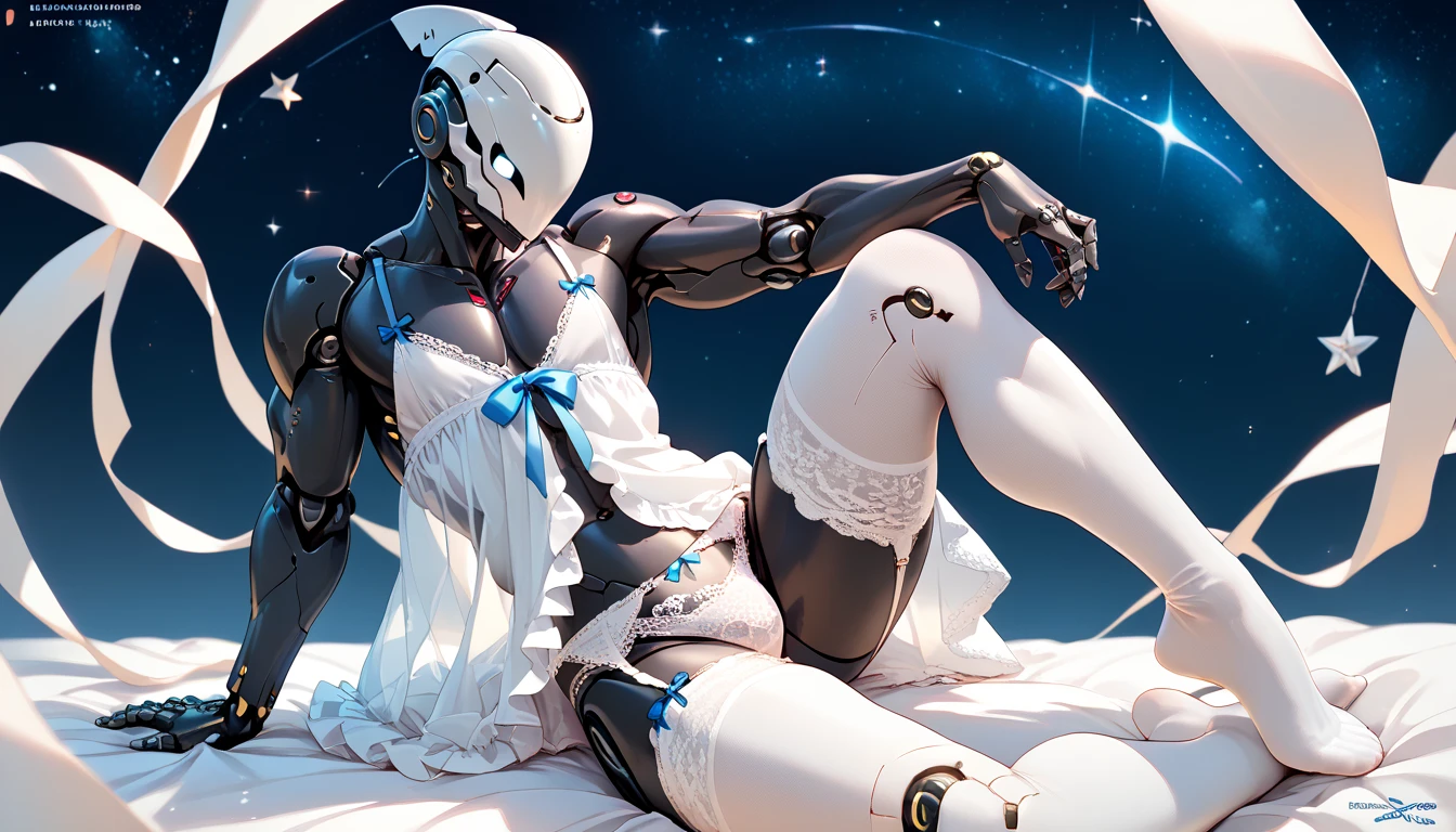 score_9, score_8_up, score_7_up, (fantasy background), ((cyborg:1.2), anthro, male, muscle, pale, (((noface))), white lace nightgown, white lace knee-high stockings, ((white lace panties)), beautiful), 1 person, white lace garter belt, light blue ribbon, black body, star night, robot helmet head