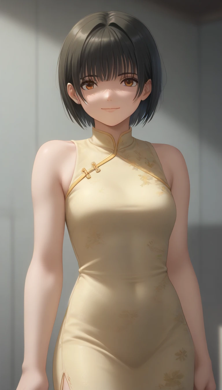 ((((((Fujifilm, UHD, masterpiece, textured skin, high details, best quality, highres, 8k, 16k))))))    score_9, score_8_up, score_7_up,      ((((Nishino Tsukasa))))  (((((blond hair bob cut ))))) light smile  chinese dress small  expose 