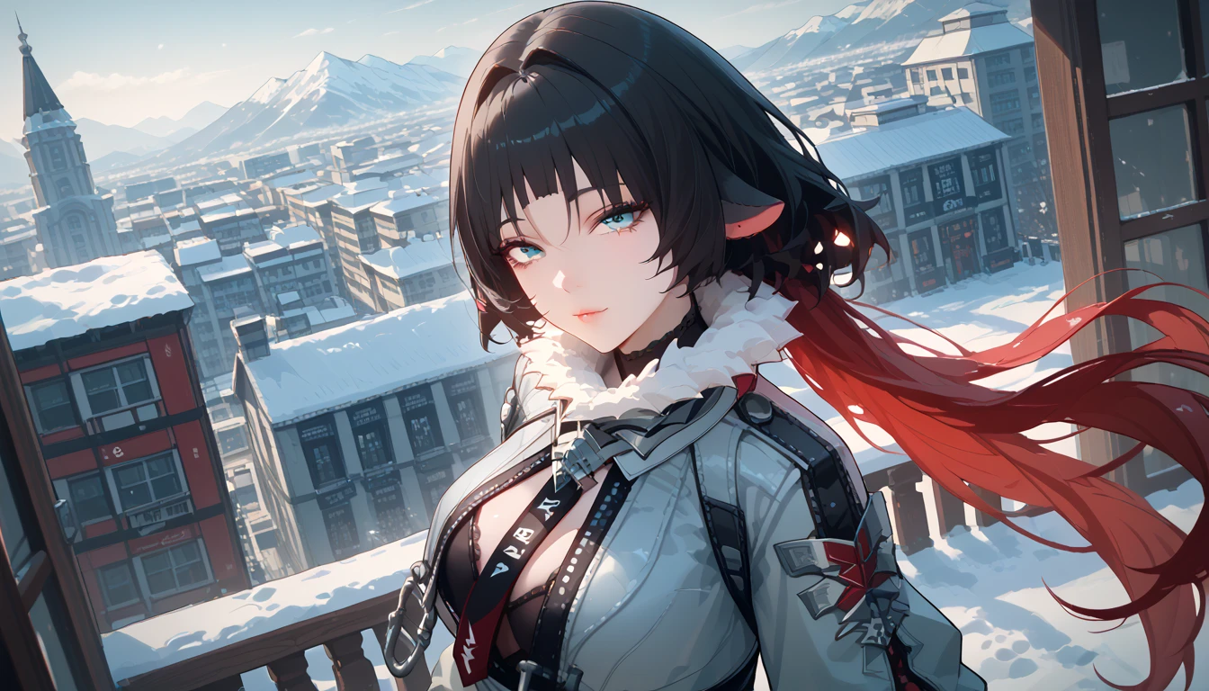 yanedoe- zzz, aqua eyes, long hair , black hair, portrait, very detailed face,  focus on small details ,  red hair , Animal ears,  looks at the viewer, Above the building,I look at the city, sexy clothes , cute to the viewer ,  very sexy suit ,  snow , на фоне  snow а бюстгальтер, erotica, very sexy,  sexy pose ,  summer dress,  sexy clothes ,