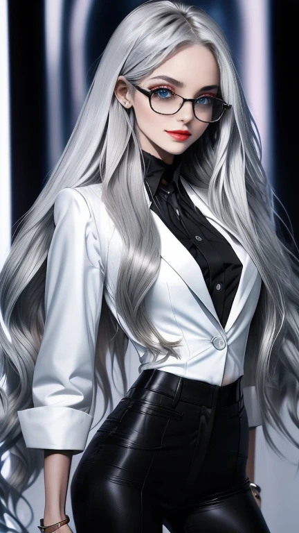  long silvery hair ,  hair is sharp like a needle , with hair partially standing on end, eyes are large and slender ,Eyes are golden,The pupils are long and thin ,  white skin like snow  ,Round Glasses, slit eyes ,Crimson Lips, scrape up the hair, shy laugh , shirt , black suit jacket, black pant suit ,expensive watch ,