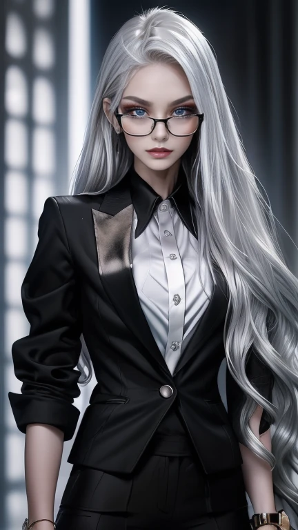  long silvery hair ,  hair is sharp like a needle , with hair partially standing on end, eyes are large and slender ,Eyes are golden,The pupils are long and thin ,  white skin like snow  ,Round Glasses, slit eyes ,Crimson Lips, scrape up the hair, shy laugh , shirt , black suit jacket, black pant suit ,expensive watch ,