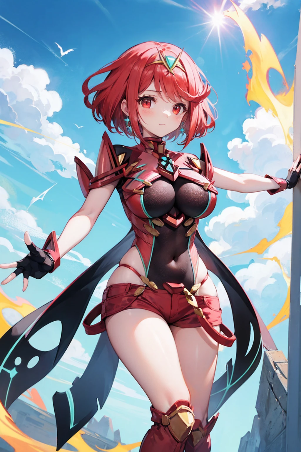 score_9, score_8_up, score_7_up, source_anime, rating_safe, BREAK pyra \(xenoblade\), 1girl, red hair, short hair, swept bangs, bob cut, red eyes, large breasts, tiara, earrings, chest jewel, backless outfit, bodysuit, covered navel, neon trim, clothing cutout, short sleeves, fingerless gloves, black gloves, short shorts, red footwear, thigh boots, fdutch angle, light smile, eye focus, closed mouth, looking at viewer, facing viewer, reaching towards viewer, outstretched arms, wind, floating hair, fire, aura, lightning, light particles, light rays, blue sky, cloud, sunlight, lens flare,(plump:0.7),:3