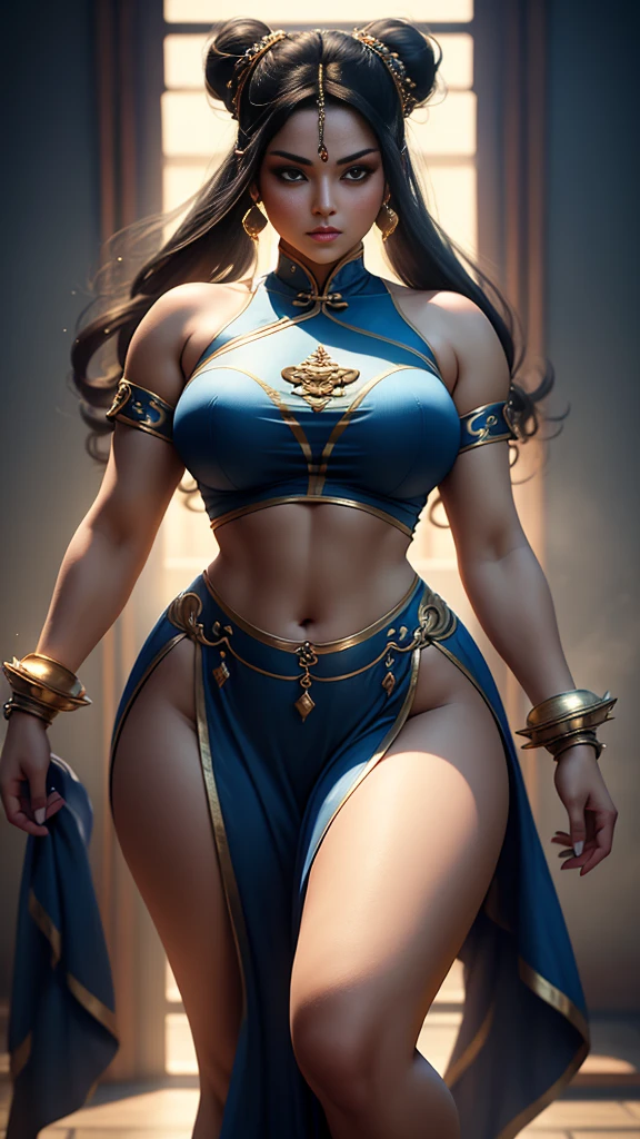 ((masterpiece, best quality, ultra-detailed, ultra-HD, photorealistic, cinematic)), ((alluring female Egyptian Princess)), (surrealism), (medium shot, from below:1.5), perfect body, sexy body, perfect face, perfect hands, delicate face, (bursting breasts), round ass, long round legs, (wide hips), (long ebony hair styled in intricate braids, hair cascading down her back, adorned with gold lotus blossom hairpieces:1.4), (ankle-length azure silk gown, gold hieroglyphic embroidery along the hem and neckline, figure-hugging silhouette with wide flowing sleeves, gold cuffs on sleeves with elegant draping:1.4), (ornate collar necklace with lapis lazuli and turquoise stones), (sensual pose), (gradient background:1.3), soft hazel eyes, detailed pupils, deep red lips, blushing, slightly parted lips