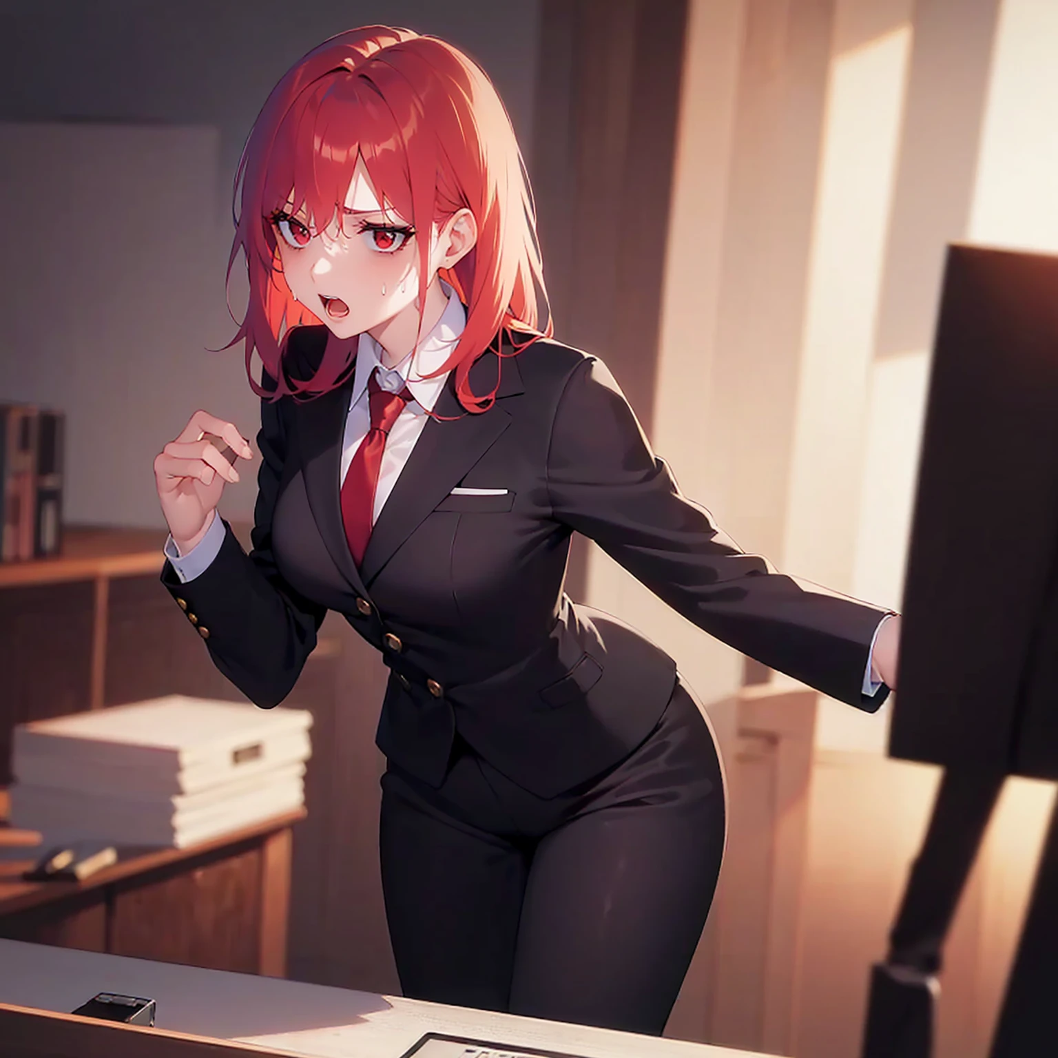 bent over, masterpiece, best quality, detailed, Masterpiece, Great detailed pictures upper body, (pale skin: 1.2), shiny skin, shiny hair, (25-year-old woman) and (medium hair) and (red hair) and (red eyes), (Business suit:1.5) and (white collared shirt), (worried:1.3), open mouth, (sweat:1.2), inside office room, alone, standing. desk, 