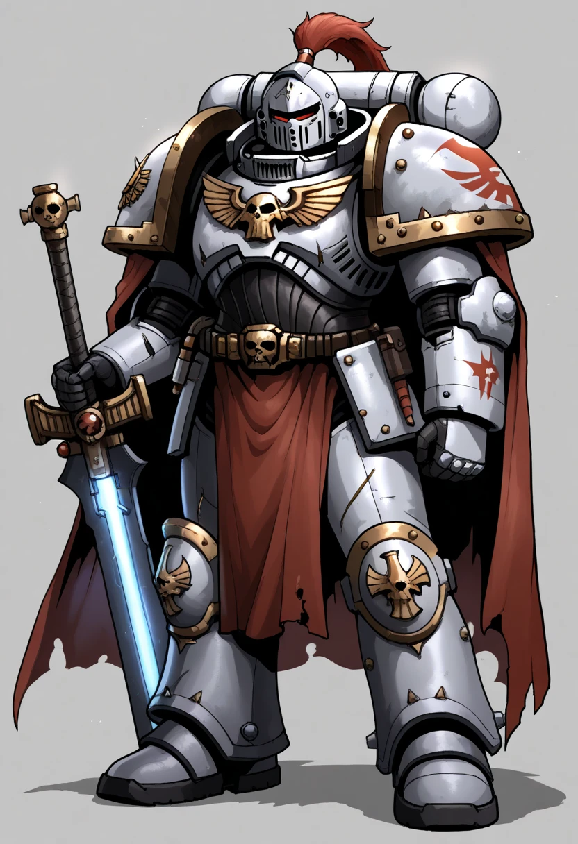 Anime, Concept art, Absurd resolution, high resolution, (masterpiece: 1.4), hyper-detail, warhammer 40k terminator armor, Juggernaut armor, heavy armor, knight, crusader,  full body, glowing weapon, cloak, silver armor, edgy, grimdark, octosoup, 1man, bulky, buff, red plume, loin cloth, primaris helmet, reference sheet, iron halo, grey knight, space marine, GreyK40k,