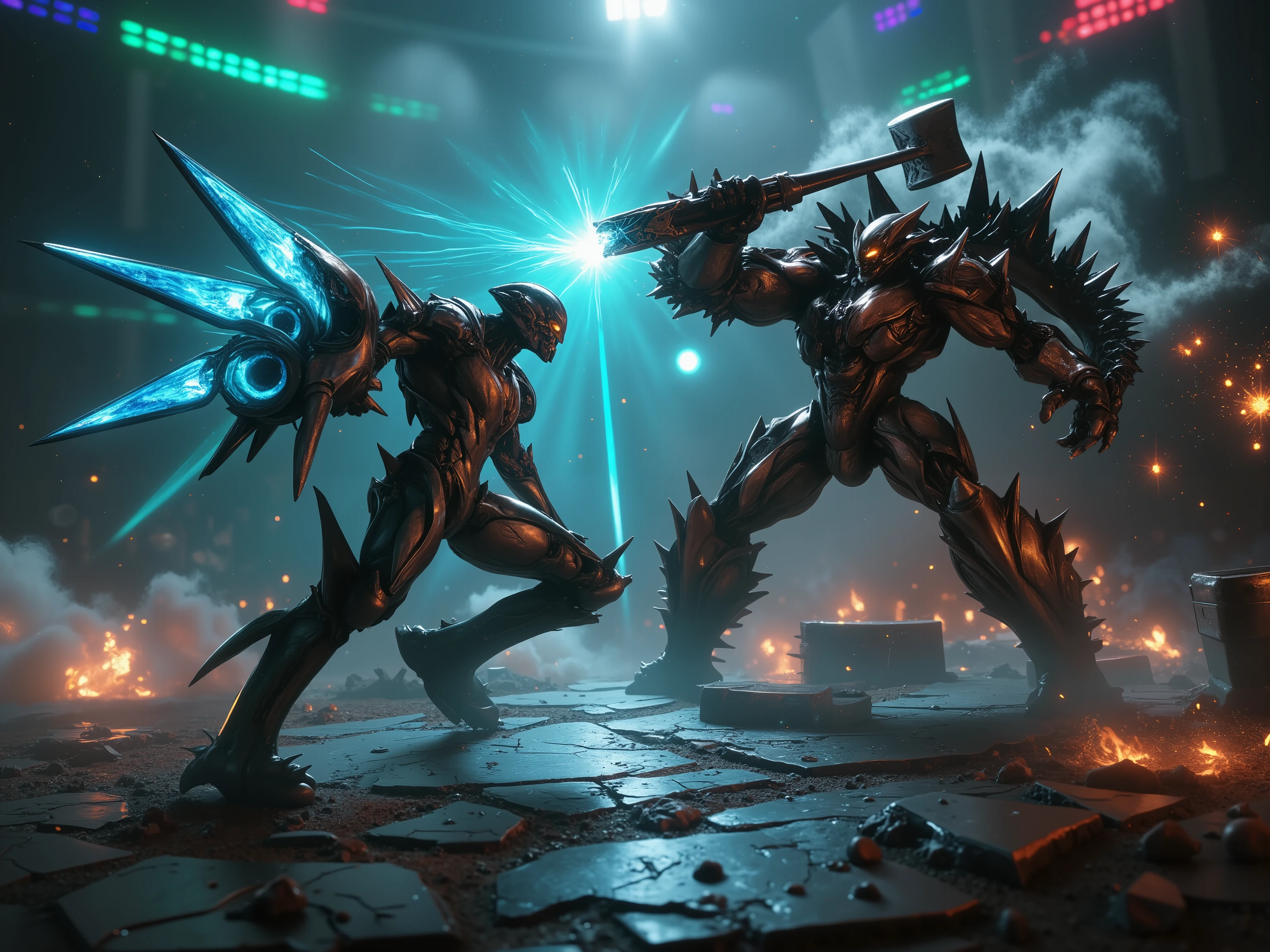 Create a hyper-realistic, cinematic image of two colossal robot gladiators mid-battle in a massive futuristic coliseum, frozen at the moment of impact. One sleek, agile robot, with glowing blue energy cores and twin plasma blades, charges forward, leaving streaks of blue energy in its wake. The opposing robot, a hulking brute with massive hydraulic arms, spiked armor, and glowing red reactor vents, counters with its shield raised and a hammer mid-swing. Sparks and molten fragments erupt from the collision, lighting the scene with fiery orange and yellow hues.

The coliseum’s arena floor, a mix of cracked metallic plates and scorched earth, reflects the glow of energy trails and explosions. Surrounding the combatants are holographic screens, energy pylons, and a glowing blue electrified forcefield, while tiered stands filled with roaring spectators are silhouetted against shifting green, purple, and red lights.

Strong directional lighting highlights the robots’ battle-worn textures, with scratches, dents, and reflective metal surfaces adding realism. Overhead lighting casts dramatic shadows, while swirling dust and smoke, illuminated by glowing energy and sparks, add depth. Vibrant metallic silvers, grays, and blacks of the robots contrast with neon blue and red energy cores, enhancing the scene’s intensity.

The moment captures slow-motion detail, with debris, energy trails, and glowing fragments suspended mid-air, emphasizing the raw power and brutality of the clash.