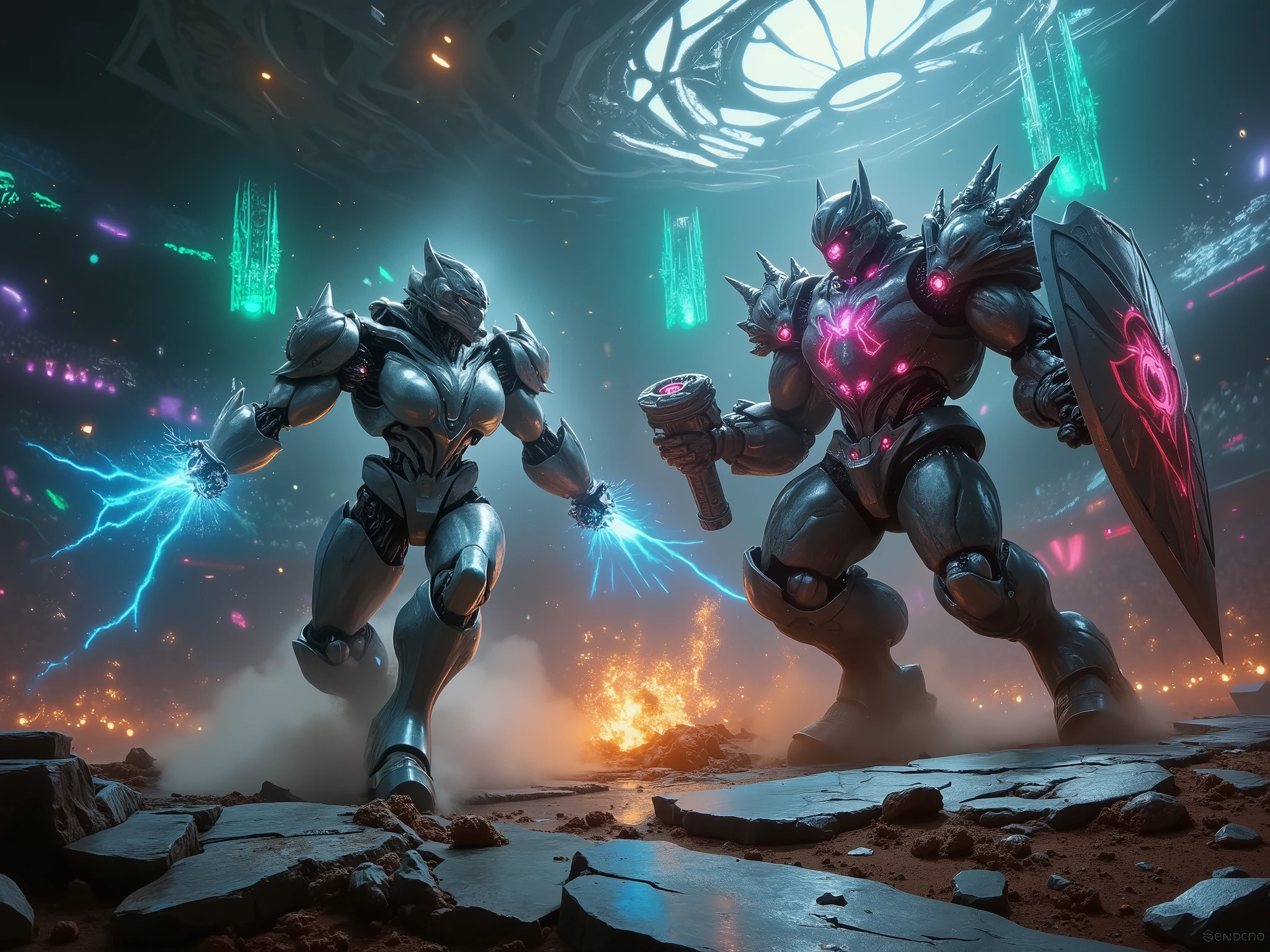 Create a hyper-realistic, cinematic image of two colossal robot gladiators mid-battle in a massive futuristic coliseum, frozen at the moment of impact. One sleek, agile robot, with glowing blue energy cores and twin plasma blades, charges forward, leaving streaks of blue energy in its wake. The opposing robot, a hulking brute with massive hydraulic arms, spiked armor, and glowing red reactor vents, counters with its shield raised and a hammer mid-swing. Sparks and molten fragments erupt from the collision, lighting the scene with fiery orange and yellow hues.

The coliseum’s arena floor, a mix of cracked metallic plates and scorched earth, reflects the glow of energy trails and explosions. Surrounding the combatants are holographic screens, energy pylons, and a glowing blue electrified forcefield, while tiered stands filled with roaring spectators are silhouetted against shifting green, purple, and red lights.

Strong directional lighting highlights the robots’ battle-worn textures, with scratches, dents, and reflective metal surfaces adding realism. Overhead lighting casts dramatic shadows, while swirling dust and smoke, illuminated by glowing energy and sparks, add depth. Vibrant metallic silvers, grays, and blacks of the robots contrast with neon blue and red energy cores, enhancing the scene’s intensity.

The moment captures slow-motion detail, with debris, energy trails, and glowing fragments suspended mid-air, emphasizing the raw power and brutality of the clash.