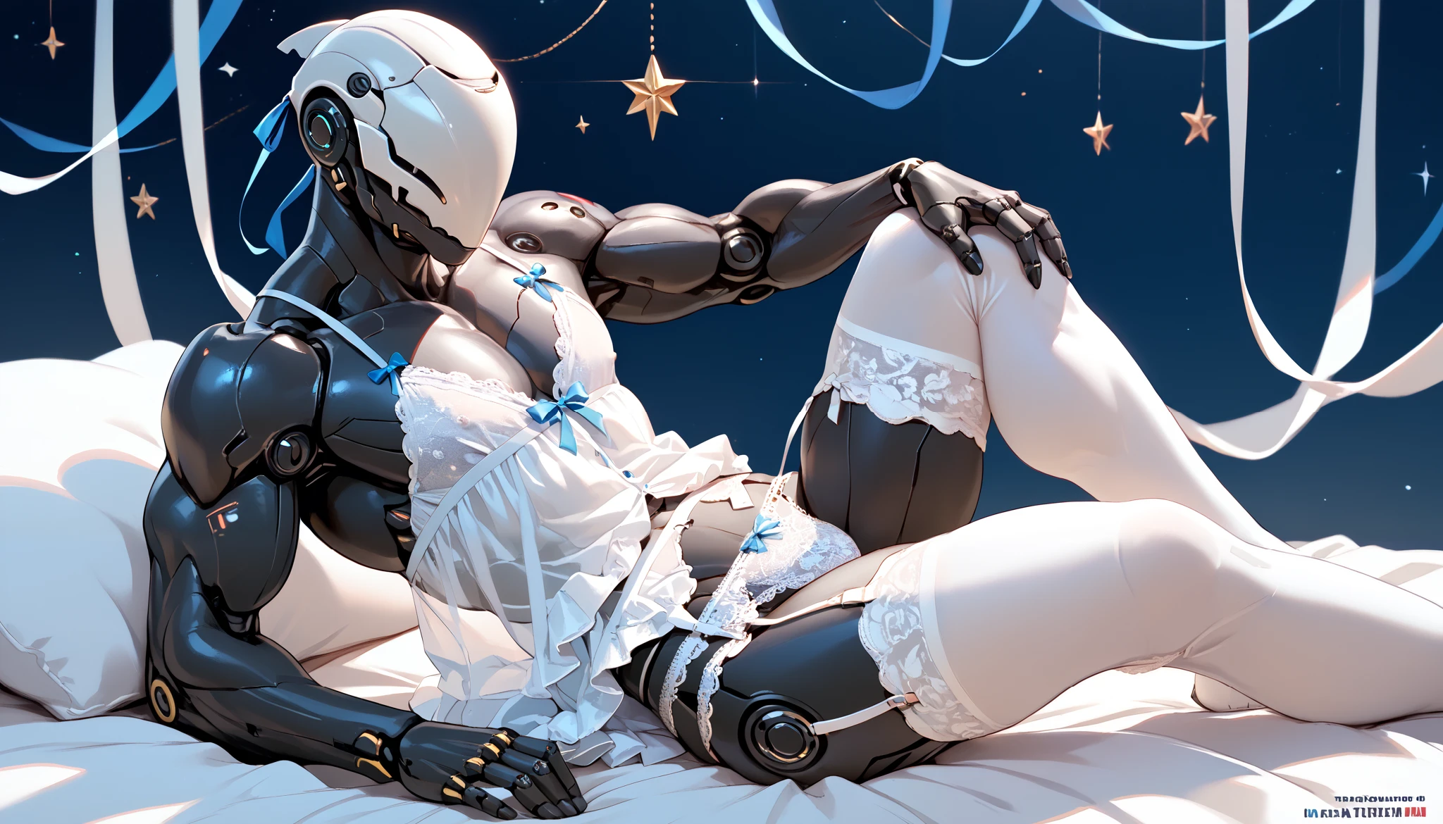 score_9, score_8_up, score_7_up, (fantasy background), ((cyborg:1.2), anthro, male, muscle, pale, (((noface))), white lace nightgown, white lace knee-high stockings, ((white lace panties)), beautiful), 1 person, white lace garter belt, light blue ribbon, black body, star night, robot helmet head