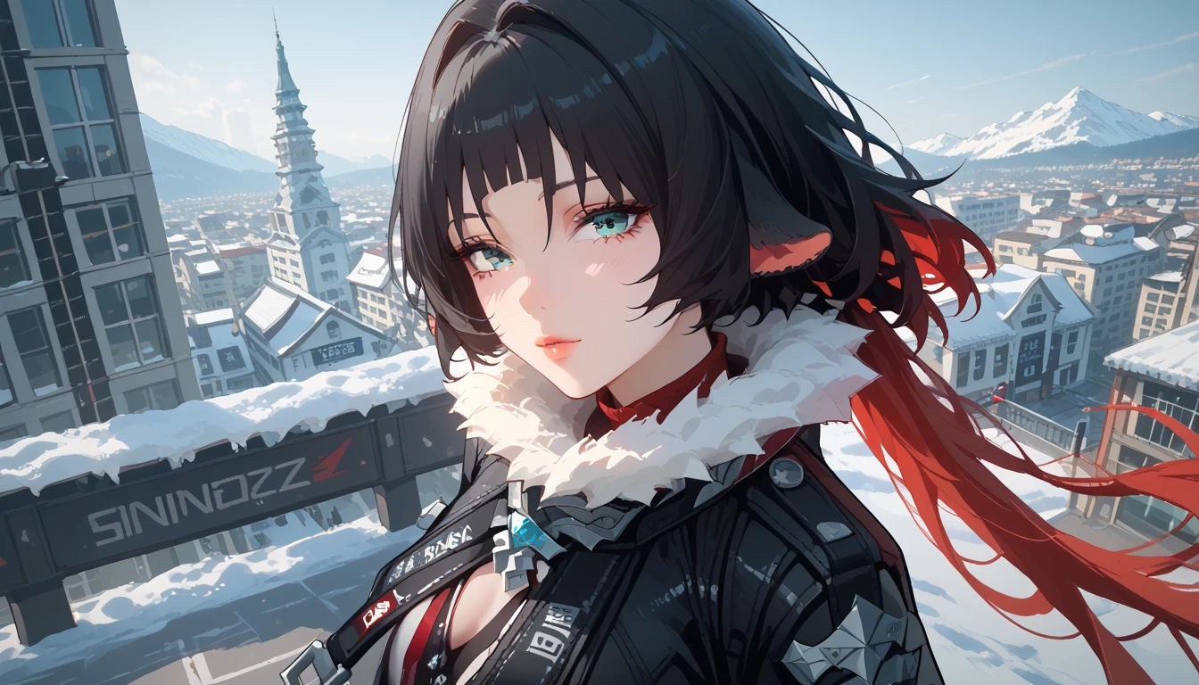 yanedoe- zzz, aqua eyes, long hair , black hair, portrait, very detailed face,  focus on small details ,  red hair , Animal ears,  looks at the viewer, Above the building,I look at the city, sexy clothes , cute to the viewer ,  very sexy suit ,  snow , на фоне  snow а бюстгальтер, erotica, very sexy,  sexy pose ,  summer dress,  sexy clothes ,