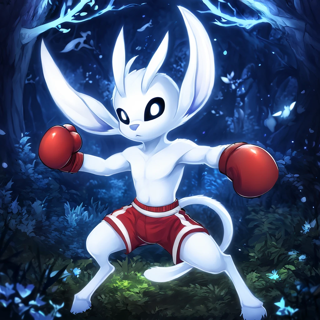 anime drawing style, Ori and the Blind Forest, , white pele, long tail,  dark brown and red boxing gloves,  red boxing shorts , in the middle of the forest, night, (ShirtleSS), showing the complete appearance, fighter pose,  showing your fighting posture ,