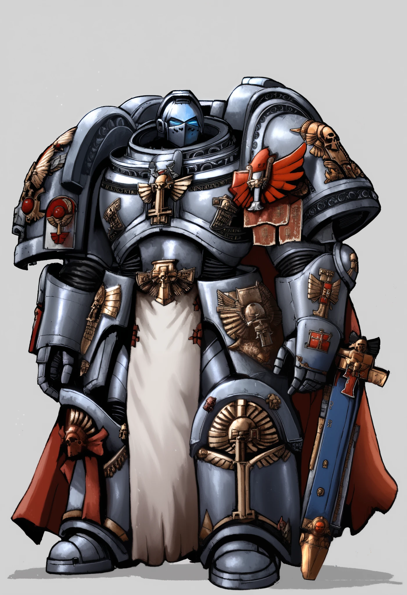 Anime, Concept art, Absurd resolution, high resolution, (masterpiece: 1.4), hyper-detail, warhammer 40k terminator armor, Juggernaut armor, heavy armor, knight, crusader,  full body, glowing weapon, cloak, silver armor, edgy, grimdark, octosoup, 1man, bulky, buff, red plume, loin cloth, primaris helmet, reference sheet, iron halo, grey knight, space marine, GreyK40k,