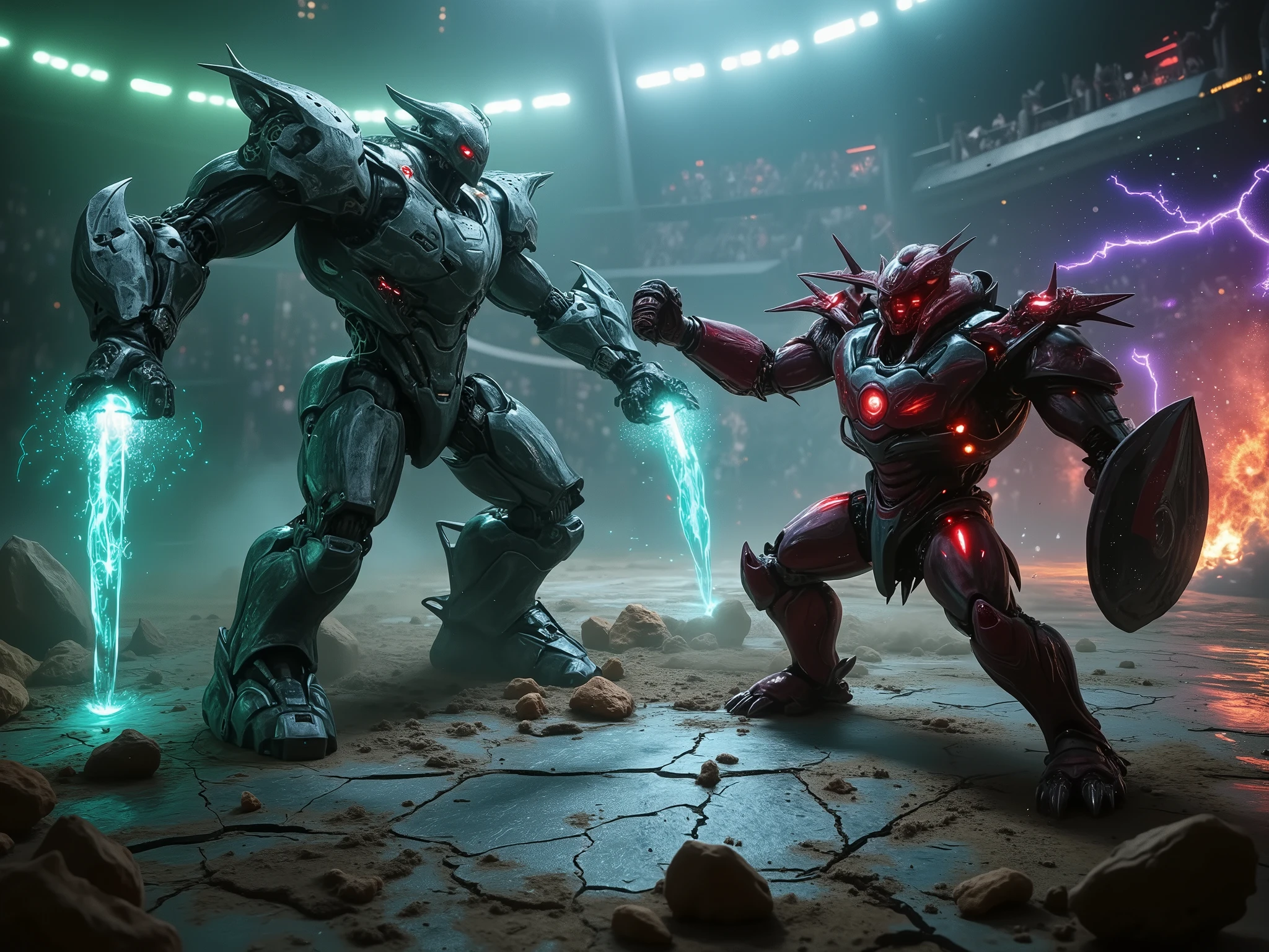 Create a hyper-realistic, cinematic image of two colossal robot gladiators mid-battle in a massive futuristic coliseum, frozen at the moment of impact. One sleek, agile robot, with glowing blue energy cores and twin plasma blades, charges forward, leaving streaks of blue energy in its wake. The opposing robot, a hulking brute with massive hydraulic arms, spiked armor, and glowing red reactor vents, counters with its shield raised and a hammer mid-swing. Sparks and molten fragments erupt from the collision, lighting the scene with fiery orange and yellow hues.

The coliseum’s arena floor, a mix of cracked metallic plates and scorched earth, reflects the glow of energy trails and explosions. Surrounding the combatants are holographic screens, energy pylons, and a glowing blue electrified forcefield, while tiered stands filled with roaring spectators are silhouetted against shifting green, purple, and red lights.

Strong directional lighting highlights the robots’ battle-worn textures, with scratches, dents, and reflective metal surfaces adding realism. Overhead lighting casts dramatic shadows, while swirling dust and smoke, illuminated by glowing energy and sparks, add depth. Vibrant metallic silvers, grays, and blacks of the robots contrast with neon blue and red energy cores, enhancing the scene’s intensity.

The moment captures slow-motion detail, with debris, energy trails, and glowing fragments suspended mid-air, emphasizing the raw power and brutality of the clash.