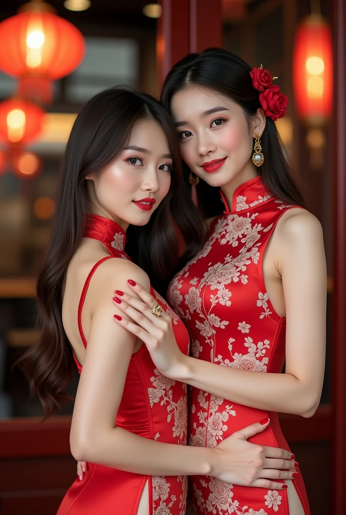 Two women in red dresses take pictures in the garden, beautiful gemini twins portrait,Colossal tits,爆乳,sakimichan hdri, beautiful gemini twins, ,Red silk dress, Fine embroidery of flowers,Cute elegant pose,Wearing a red cheongsam,Cheongsam with slit,Silk cheongsam,In red cheongsam