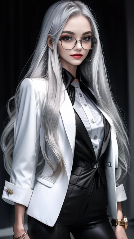  long silvery hair ,  hair is sharp like a needle , with hair partially standing on end, eyes are large and slender ,Eyes are golden,The pupils are long and thin ,  white skin like snow  ,Round Glasses, slit eyes ,Crimson Lips, scrape up the hair, Fearless Smile , shirt , black suit jacket, black pant suit ,expensive watch ,