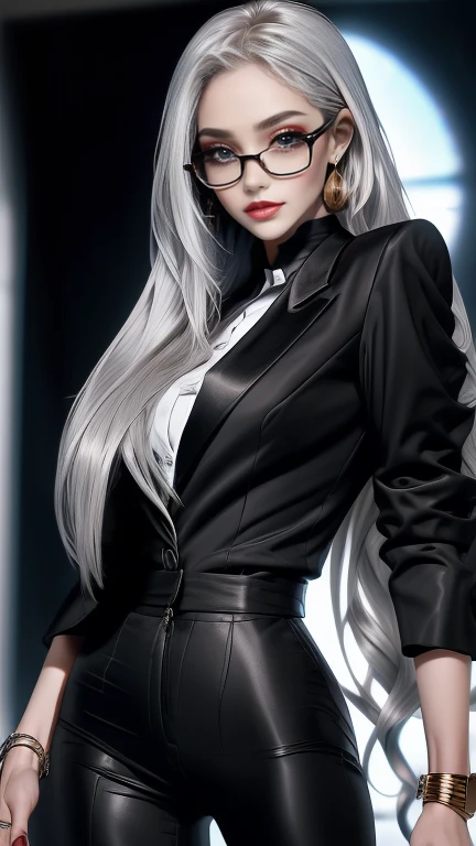  long silvery hair ,  hair is sharp like a needle , with hair partially standing on end, eyes are large and slender ,Eyes are golden,The pupils are long and thin ,  white skin like snow  ,Round Glasses, slit eyes ,Crimson Lips, scrape up the hair, Fearless Smile , shirt , black suit jacket, black pant suit ,expensive watch ,