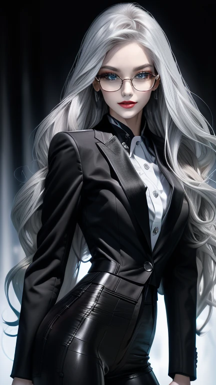  long silvery hair ,  hair is sharp like a needle , with hair partially standing on end, eyes are large and slender ,Eyes are golden,The pupils are long and thin ,  white skin like snow  ,Round Glasses, slit eyes ,Crimson Lips, scrape up the hair, Fearless Smile , shirt , black suit jacket, black pant suit ,expensive watch ,