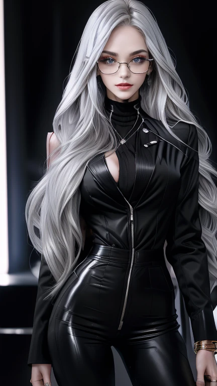  long silvery hair ,  hair is sharp like a needle , with hair partially standing on end, eyes are large and slender ,Eyes are golden,The pupils are long and thin ,  white skin like snow  ,Round Glasses, slit eyes ,Crimson Lips, scrape up the hair, Fearless Smile , shirt , black suit jacket, black pant suit ,expensive watch ,