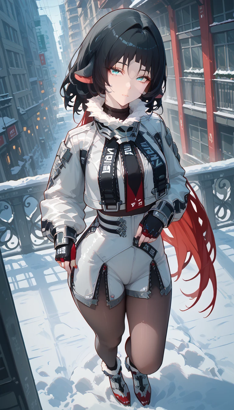 yanedoe- zzz, aqua eyes, long hair , black hair, portrait, very detailed face,  full length,  the body is completely 1.1.,   focus on small details ,  red hair , Animal ears,  looks at the viewer, Above the building,I look at the city, sexy clothes , cute to the viewer ,  very sexy suit ,  snow , на фоне  snow а бюстгальтер, erotica, very sexy,  sexy pose ,  summer dress,  sexy clothes ,