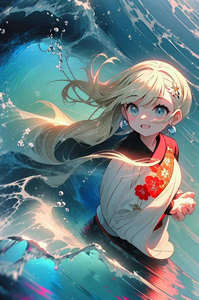 (8k,  super high quality , masterpiece:1.2),  super high res,  cute,  girl , solo, whole body, Blonde, Blue Eyes, Navy Blue Dress, Red floral pattern, Hawaiian Dress, sea,  like a ,  bright smile, soaked, whole bodyに水滴,  walking with hands on a cliff , Submersion, 