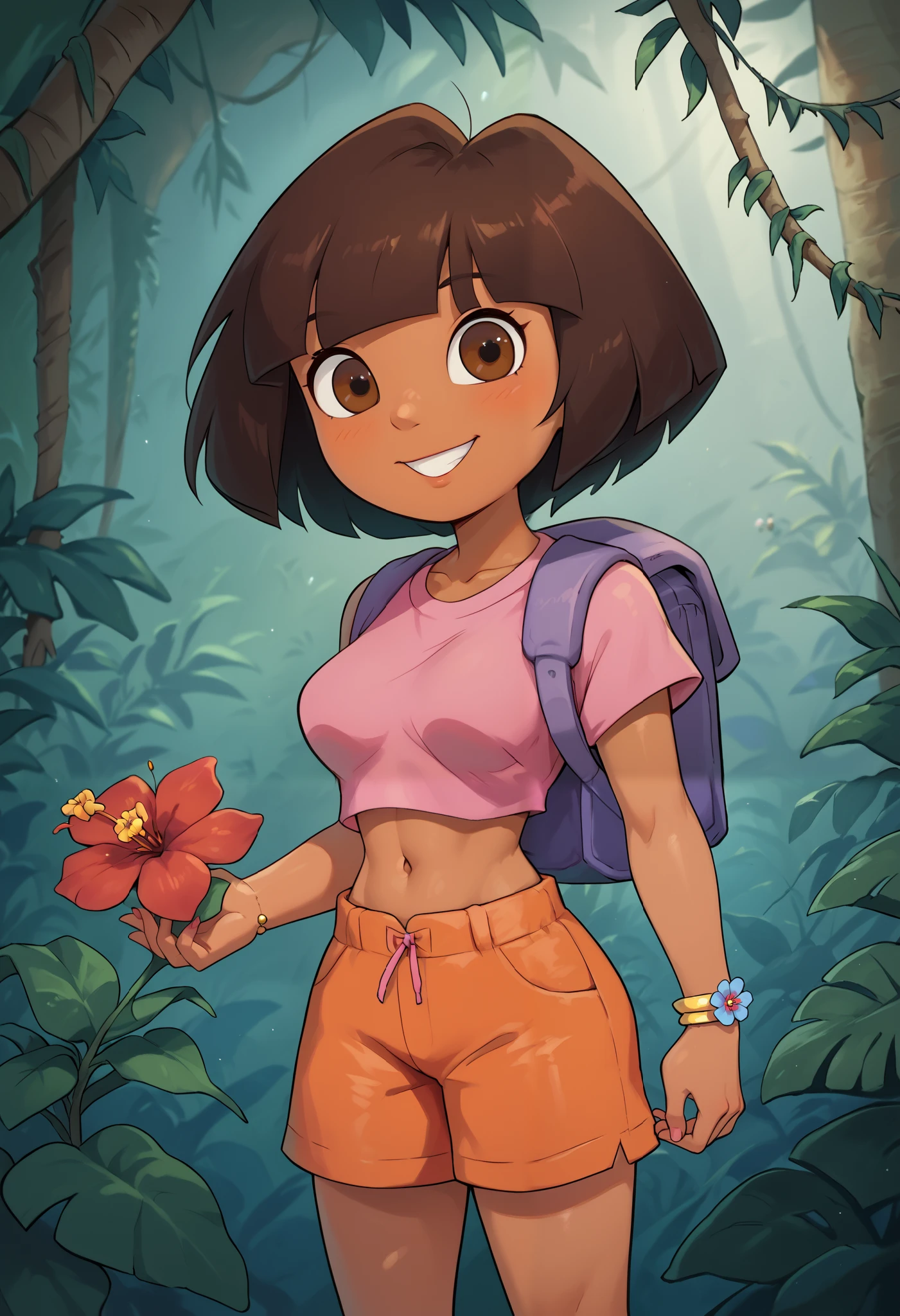  solo, cute, medium breasts, Dora, looking at you, grin, holding a flower, red flower, brown eyes, in a jungle outdoors, dark-skinned female, bob cut, (pink shirt), crop top, bare midriff, loose shirt, (orange shorts), bracelet, backpack, (slender athletic body), gigantic eyes