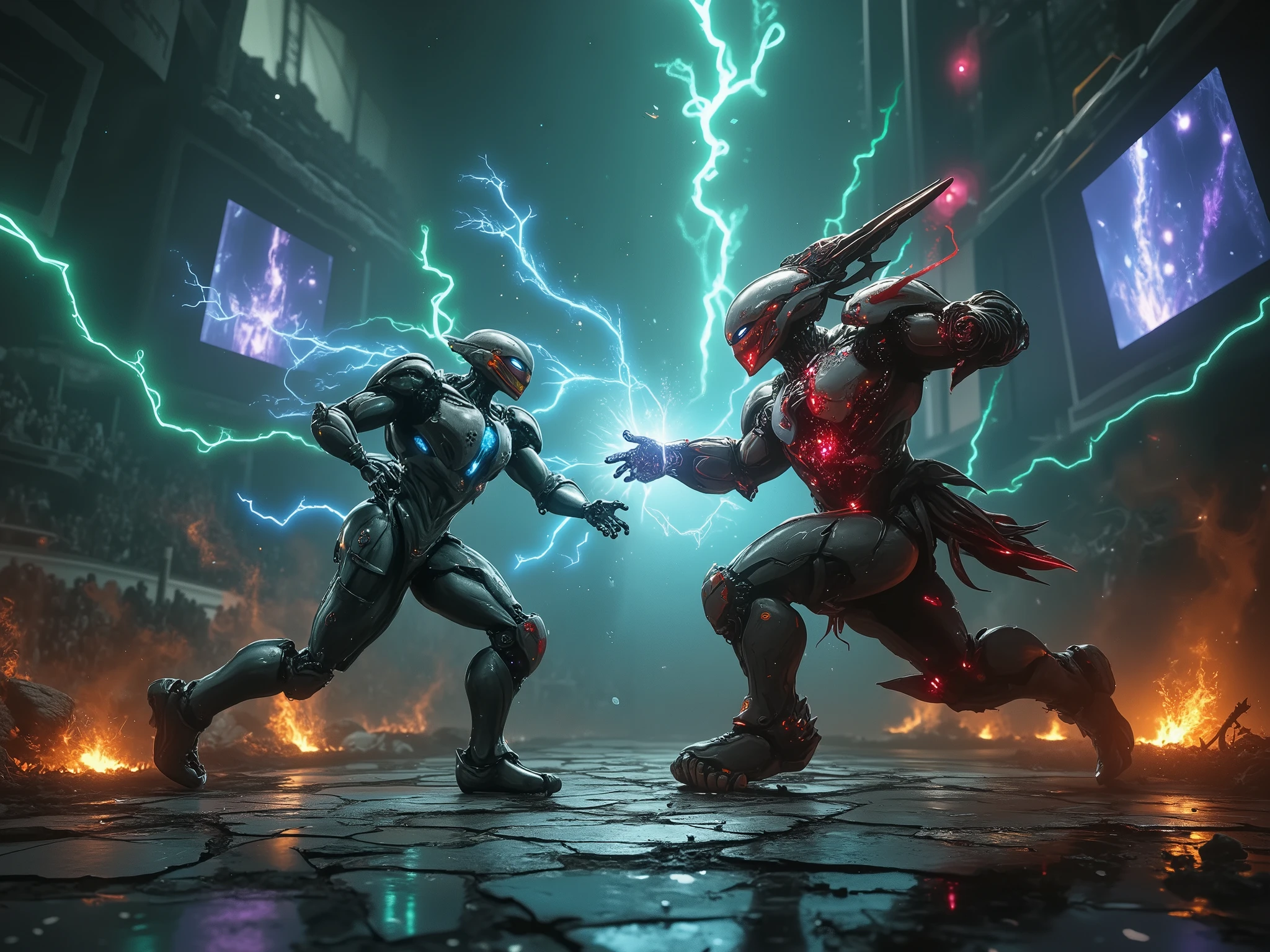 Create a hyper-realistic, cinematic image of two colossal robot gladiators mid-battle in a massive futuristic coliseum, frozen at the moment of impact. One sleek, agile robot, with glowing blue energy cores and twin plasma blades, charges forward, leaving streaks of blue energy in its wake. The opposing robot, a hulking brute with massive hydraulic arms, spiked armor, and glowing red reactor vents, counters with its shield raised and a hammer mid-swing. Sparks and molten fragments erupt from the collision, lighting the scene with fiery orange and yellow hues.

The coliseum’s arena floor, a mix of cracked metallic plates and scorched earth, reflects the glow of energy trails and explosions. Surrounding the combatants are holographic screens, energy pylons, and a glowing blue electrified forcefield, while tiered stands filled with roaring spectators are silhouetted against shifting green, purple, and red lights.

Strong directional lighting highlights the robots’ battle-worn textures, with scratches, dents, and reflective metal surfaces adding realism. Overhead lighting casts dramatic shadows, while swirling dust and smoke, illuminated by glowing energy and sparks, add depth. Vibrant metallic silvers, grays, and blacks of the robots contrast with neon blue and red energy cores, enhancing the scene’s intensity.

The moment captures slow-motion detail, with debris, energy trails, and glowing fragments suspended mid-air, emphasizing the raw power and brutality of the clash.