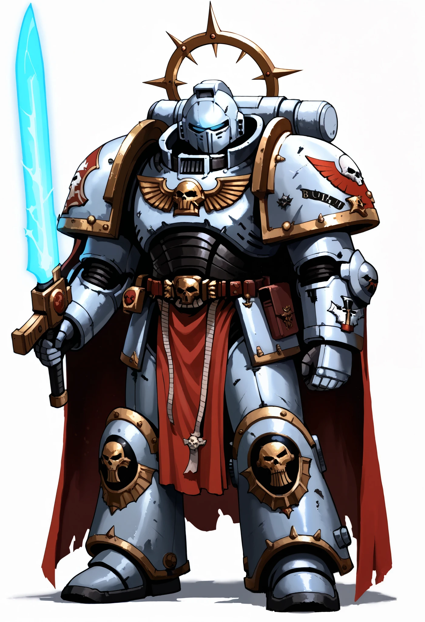 Anime, Concept art, Absurd resolution, high resolution, (masterpiece: 1.4), hyper-detail, warhammer 40k terminator armor, Juggernaut armor, heavy armor, knight,  full body, glowing weapon, cloak, silver armor, edgy, grimdark, octosoup, 1man, bulky, buff, red plume, loin cloth, primaris helmet, reference sheet, iron halo, grey knight, space marine, GreyK40k,