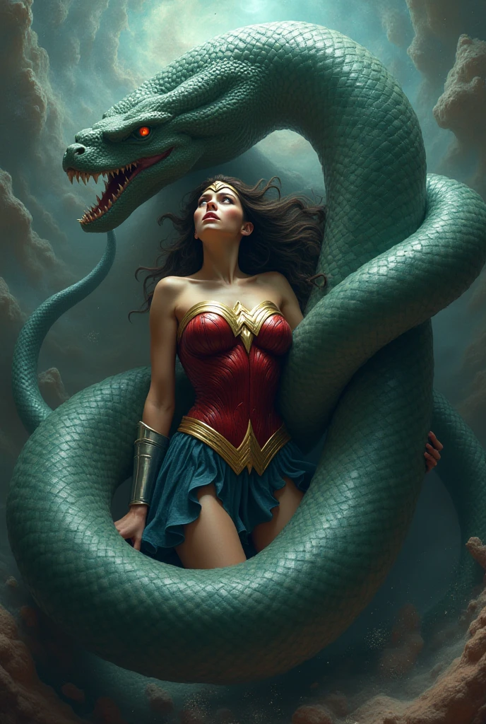 Wonder Woman defeats the dragon，Octopus tentacles，Wonder Woman fighting on the dragon head，Dragon Eyes，a girl, Gal Gadot plays Wonder Woman, sexy body, Beautiful face，A charming smile，Lively expressions，，seduce。huge breasts, Huge ass, plump body, sexy bra, sexy thong, Background horror、Magic high quality paintings