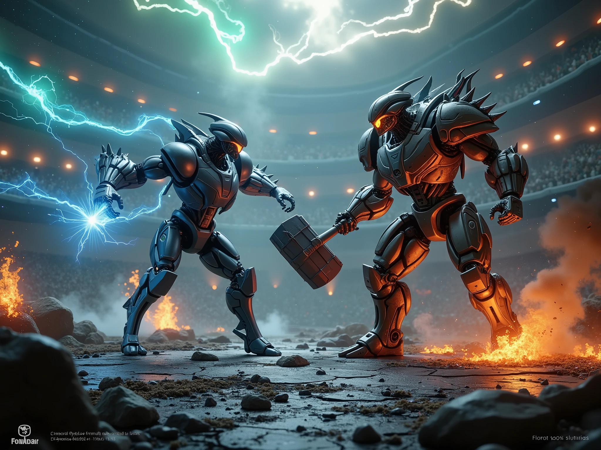 Create a hyper-realistic, cinematic image of two colossal robot gladiators mid-battle in a massive futuristic coliseum, frozen at the moment of impact. One sleek, agile robot, with glowing blue energy cores and twin plasma blades, charges forward, leaving streaks of blue energy in its wake. The opposing robot, a hulking brute with massive hydraulic arms, spiked armor, and glowing red reactor vents, counters with its shield raised and a hammer mid-swing. Sparks and molten fragments erupt from the collision, lighting the scene with fiery orange and yellow hues.

The coliseum’s arena floor, a mix of cracked metallic plates and scorched earth, reflects the glow of energy trails and explosions. Surrounding the combatants are holographic screens, energy pylons, and a glowing blue electrified forcefield, while tiered stands filled with roaring spectators are silhouetted against shifting green, purple, and red lights.

Strong directional lighting highlights the robots’ battle-worn textures, with scratches, dents, and reflective metal surfaces adding realism. Overhead lighting casts dramatic shadows, while swirling dust and smoke, illuminated by glowing energy and sparks, add depth. Vibrant metallic silvers, grays, and blacks of the robots contrast with neon blue and red energy cores, enhancing the scene’s intensity.

The moment captures slow-motion detail, with debris, energy trails, and glowing fragments suspended mid-air, emphasizing the raw power and brutality of the clash.