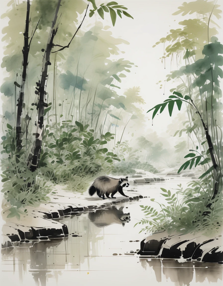 by Wu Guanzhong, ink and wash, a close up of a Racoon walking along a sandbar of a creek with lush ferns and trees surrounding it, (by Zootopia:0.6), (best quality, perfect masterpiece, Representative work, official art, Professional, high details, Ultra intricate detailed:1.3)