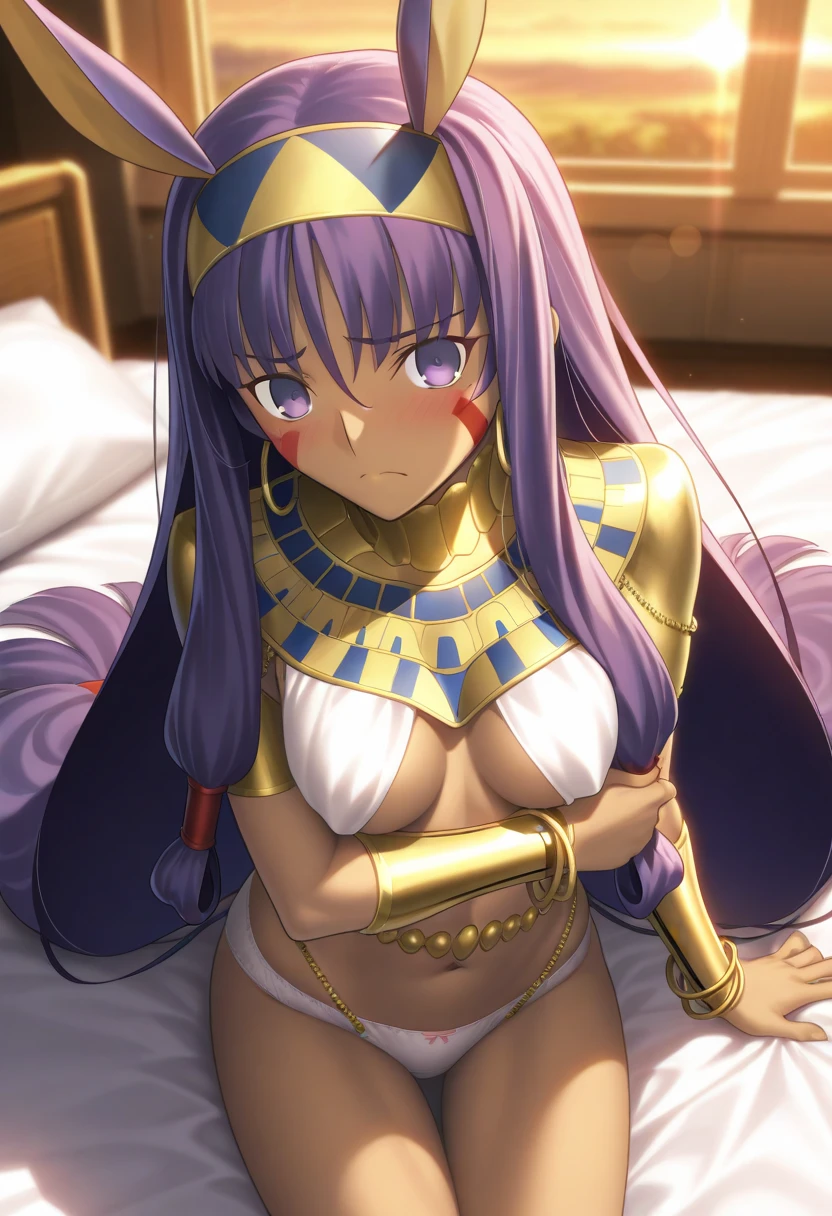 masterpiece, , absurdres, highres, detailed background, high resolution, masterpiece, necessary, detail, best quality, quality, necessary, details, High details, Precise,, indoor, office, ,sunset, ,lens flare, blurry background,, from above,
                                                                                                                                                                                                                                                                                                                                                                                                                                                  
girl, detailed, Nitocris, nitocris (fate), nitocris,, Takeuchi Takashi (type-moon,fate) style, takeuchi takashi style, ,

sitting on bed, arm under breasts, looking at viewer, furrowed brow, frown,

girl, mature, Nitocris, nitocris (fate), nitocris Fate Grand Order, fate, Fate Grand Order, long hair, purple hair, purple eyes, half eyes closed, tan skin, animal ears,                                                                                                                                                                                                                 bracelet, bracer, earrings, hairband, hoop earrings, jewelry, navel, revealing clothes,, white panties , blush,, small breast, 