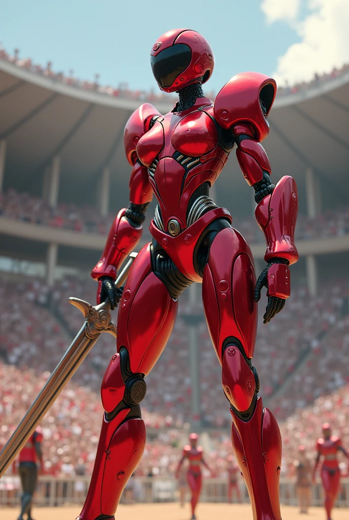 Girl with short red hair, red latex suit with shorts, white legs and red boots, with hood and black mask, Bow and arrow on the back