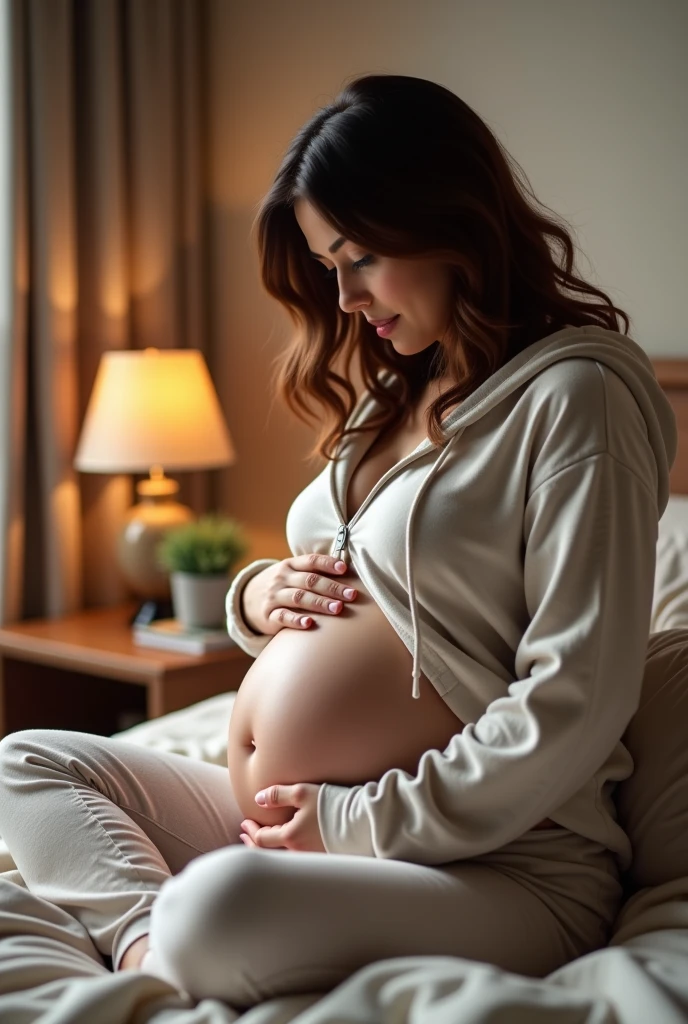 Pregnant wife cries in her room in clothes, brunette, sadness
